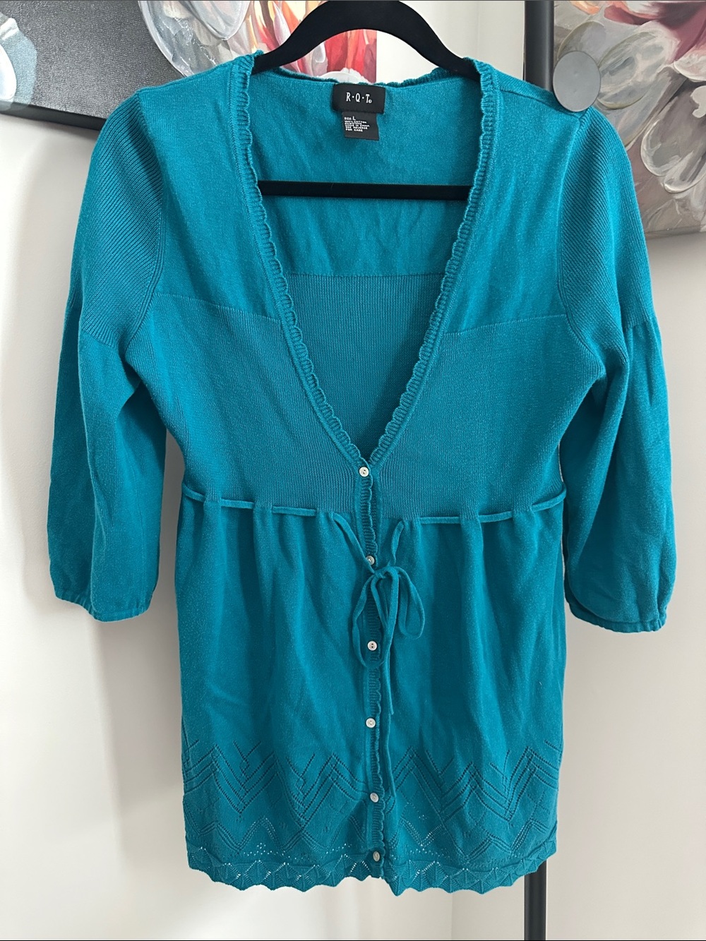 R・Q・T Teal V-Neck Tie-Front Sweater Cardigan